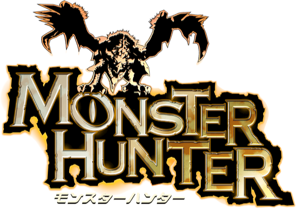the logo for the original Monster Hunter. it features the game title in gold with a gold dragon flying above it facing the viewer.